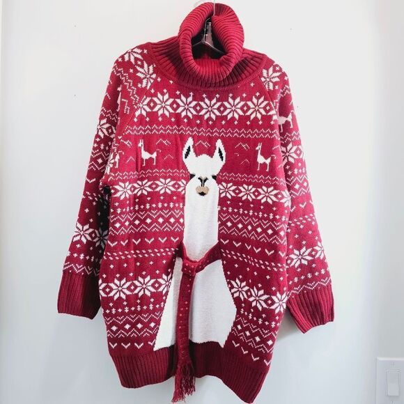Llama Motif Holiday Turtleneck Loose Christmas Long Ugly Sweater Dress Pocket M - Picture 2 of 7
